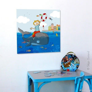 SERIE GOLO - toile imprimée poissons volants 60x60cm - Tableau Décoratif Enfant