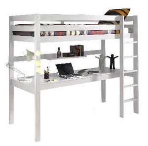 WHITE LABEL - lit bureau mezzanine pino en pin vernis blanc - Lit Mezzanine