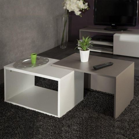 WHITE LABEL - Table basse forme originale-WHITE LABEL-DUET Double table basse blanc et taupe