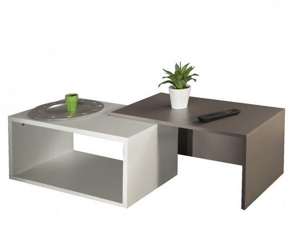WHITE LABEL - Table basse forme originale-WHITE LABEL-DUET Double table basse blanc et taupe