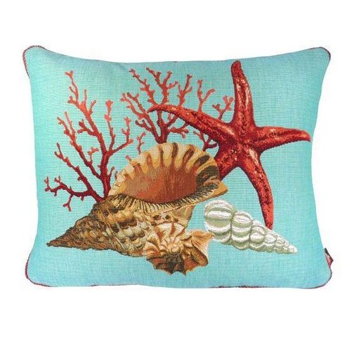 Art De Lys - Rectangular cushion-Art De Lys-Corail et étoile de mer, fond bleu