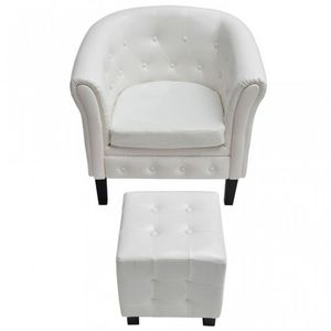 WHITE LABEL - fauteuil avec pouf simili-cuir blanc - Sessel Und Sitzkissen